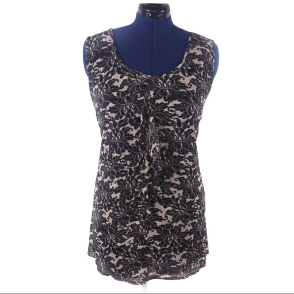 Kaua’iana 2X black & taupe sleeveless stretch floral ruffle Hawaiian tunic top